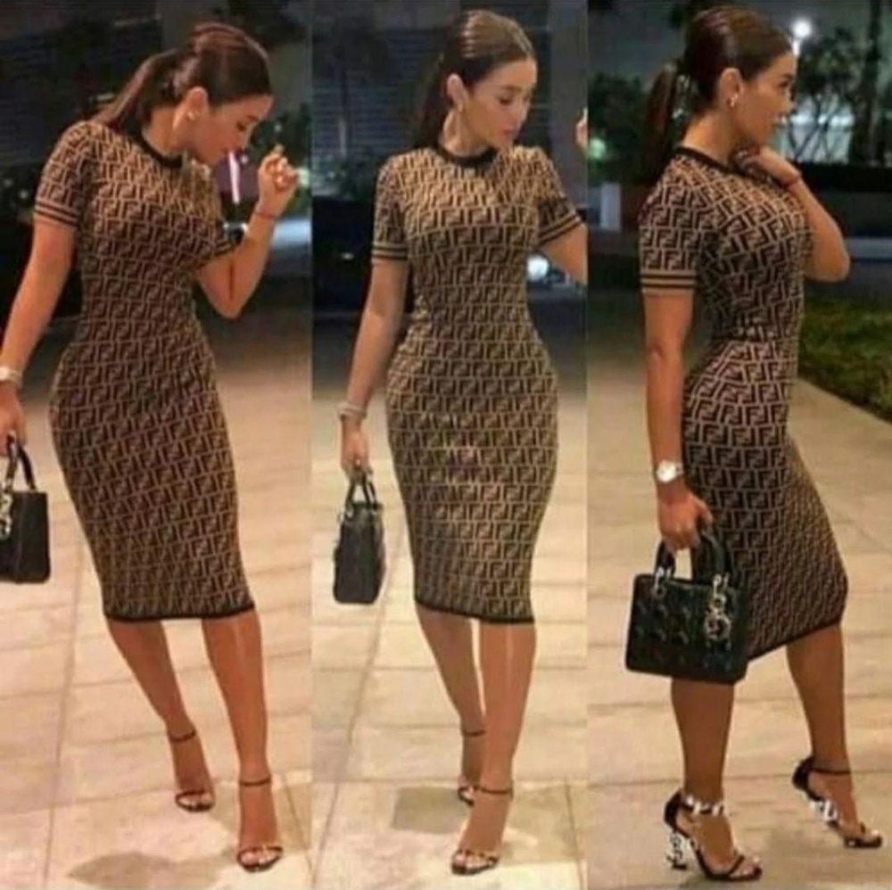Elegant Black and Brown Patterned Letter Dress